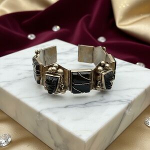 Apacs Mexican stamped Carved Obsidian Aztec Bracelet 7  7/8 long